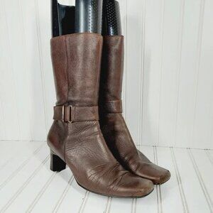 Parade Brown Leather Side Zip Buckle Strap Detail Block Heel Boots